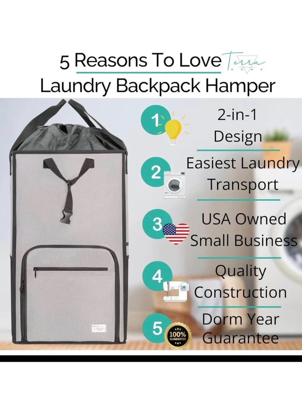 Terra Home Extra Large 2-in-1 Laundry Backpack Hamper